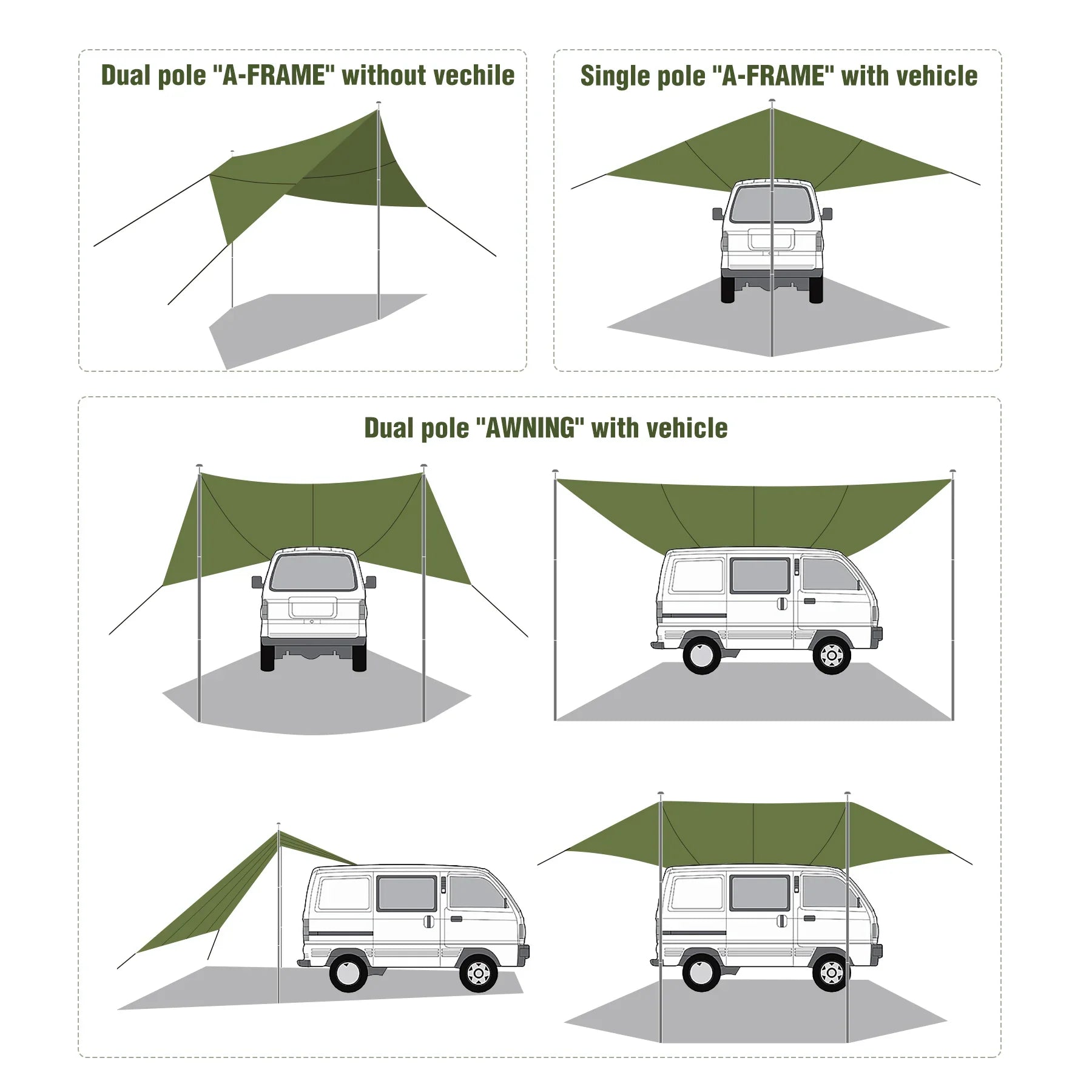 Truck awning setup modes: A-FRAME and AWNING options
